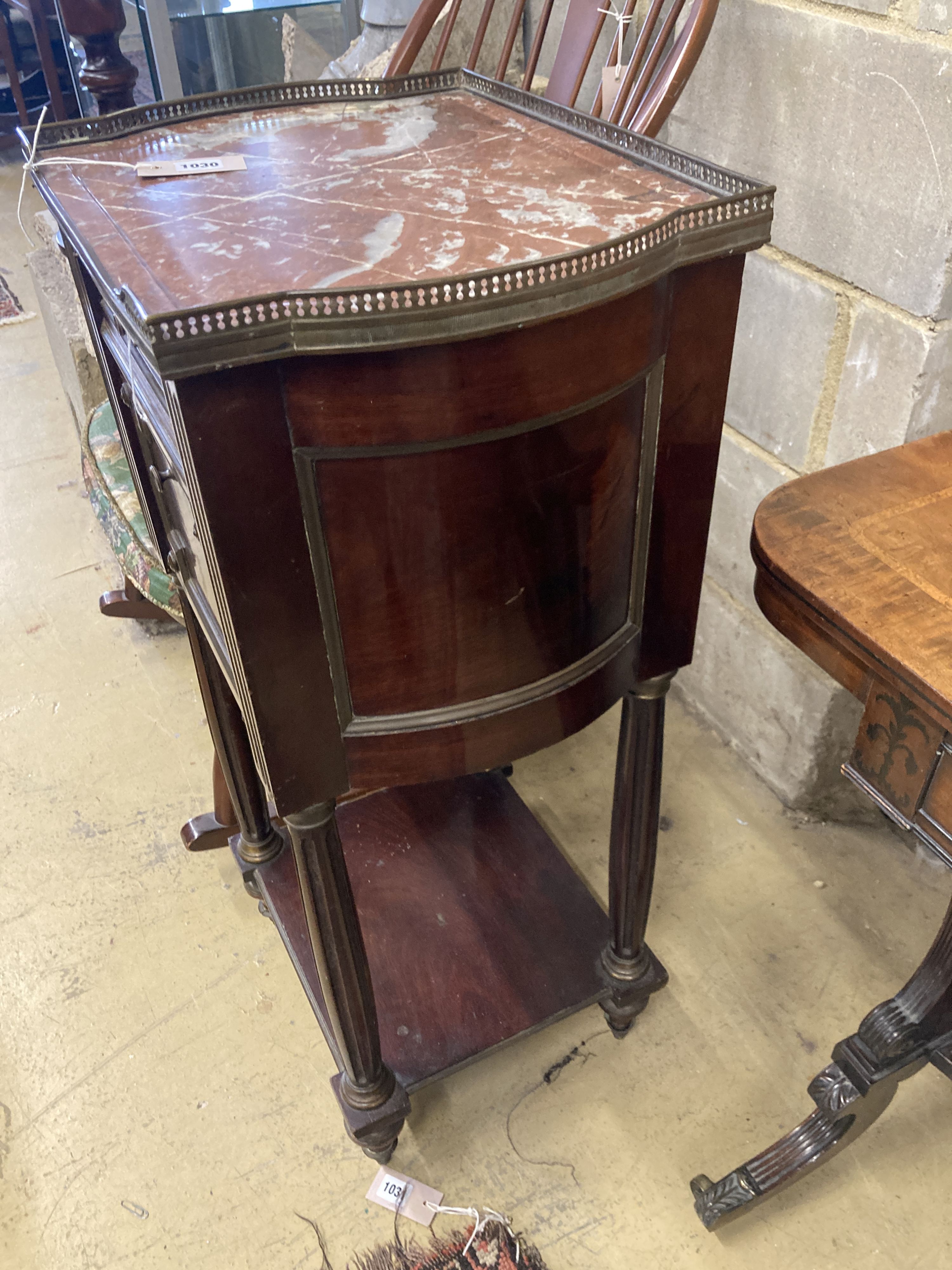 A 19th century French marble top brass inlaid bedside cabinet, width 46cm, depth 35cm, height 90cm